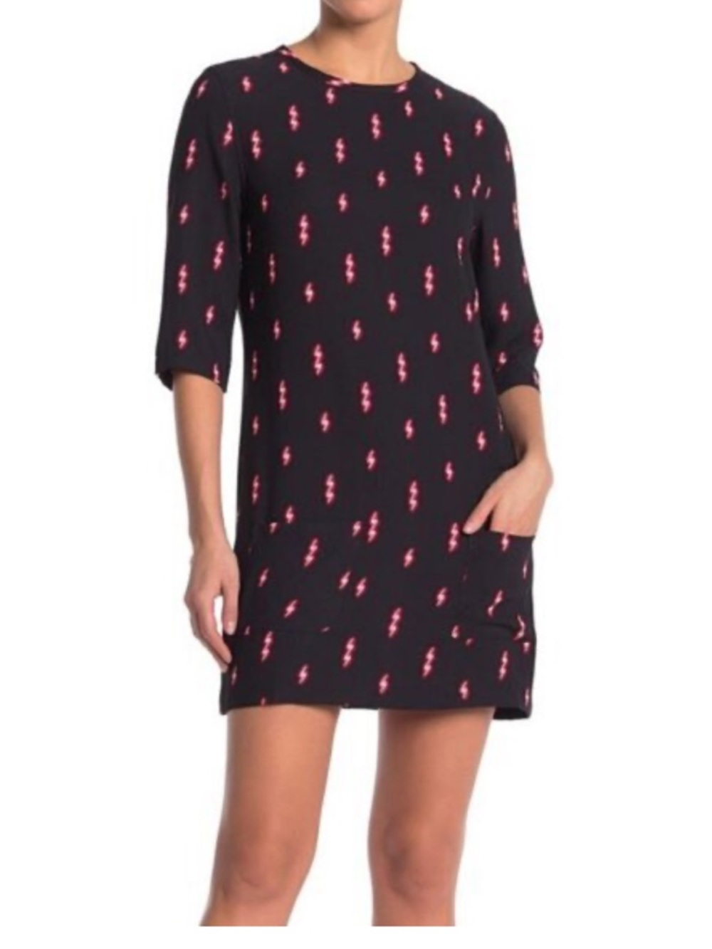 Equipment Black Shift Dress with Pink Lightning Bolt Print